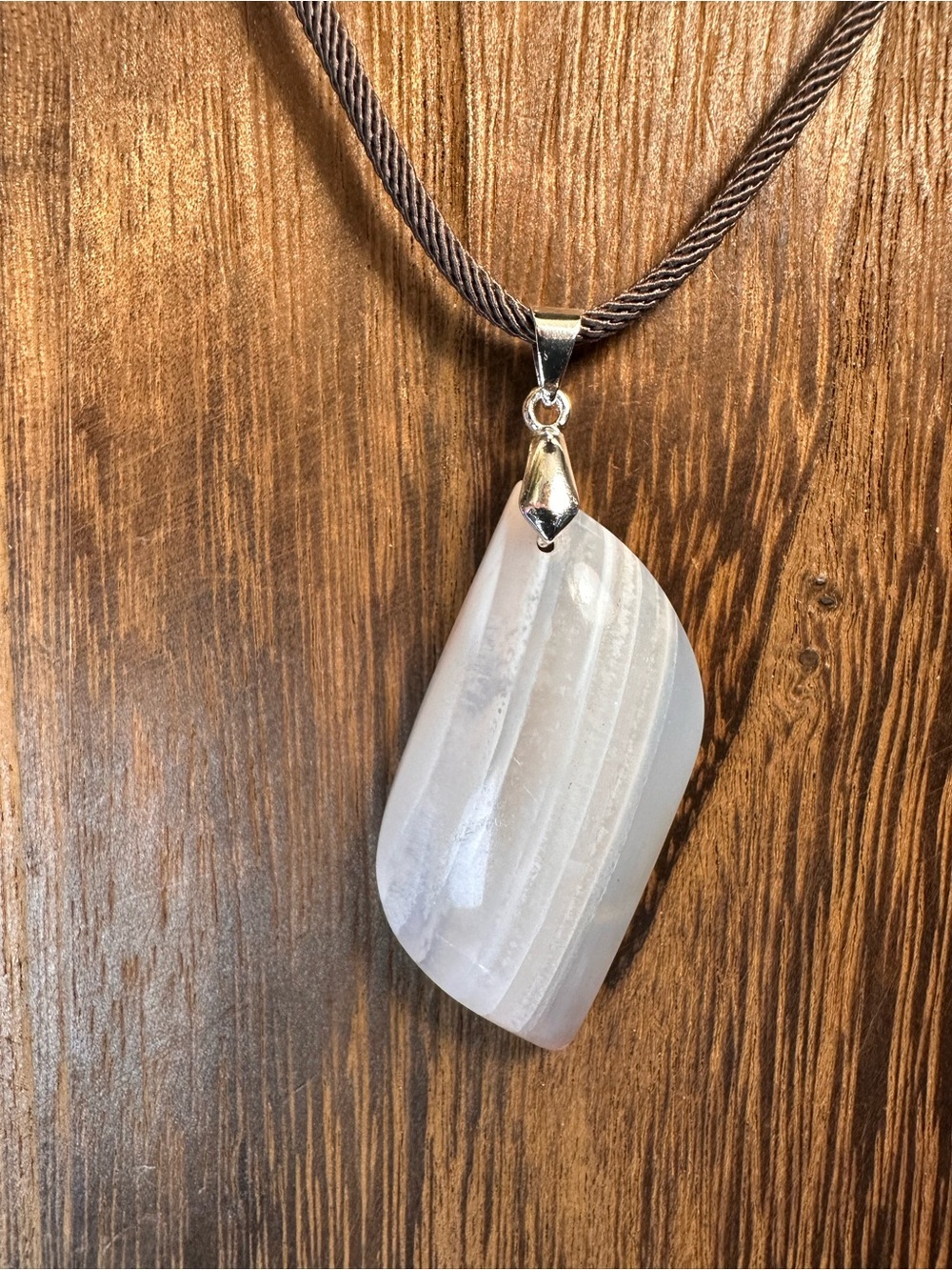 Banded Agate Leaf Shaped Pendant Necklace on Brown Rope